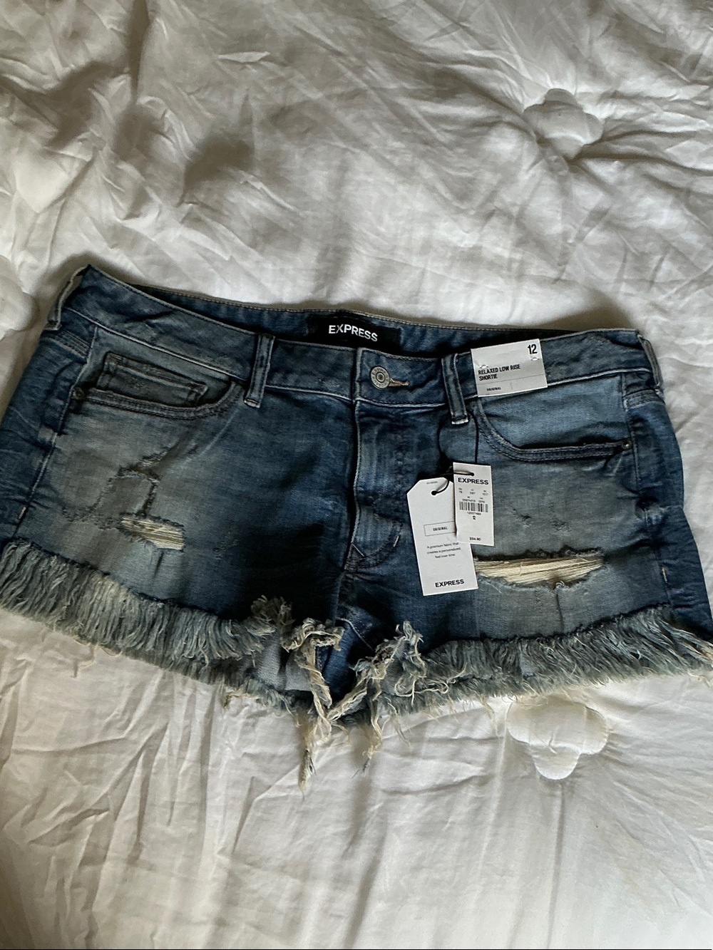 Express Frayed Hem Distressed Blue Denim Shorts